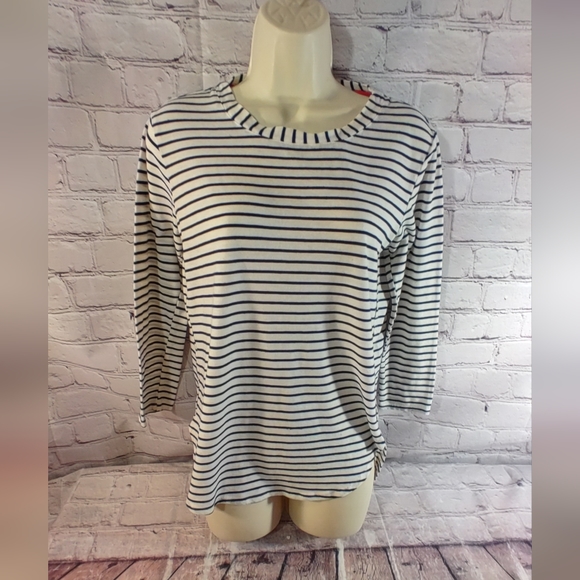 Fresh Produce Nautical Striped Flax Blend Scalloped Top S - Picture 1 of 16